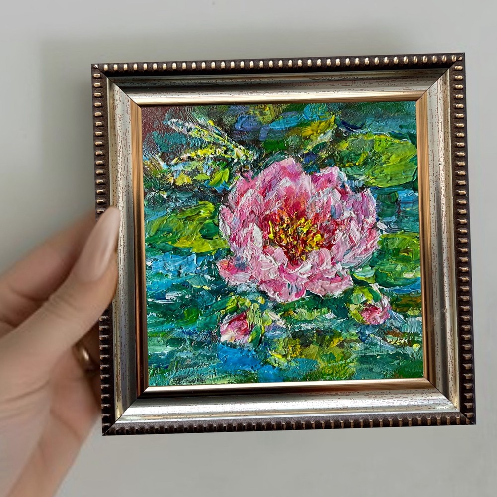 Original Oil Painting Blooming Water Lotus Impasto Small Wall Art 4x4in Signed