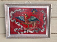 Renaissance Revival Style Oil on Leather Heraldic Composition Painting a Winged