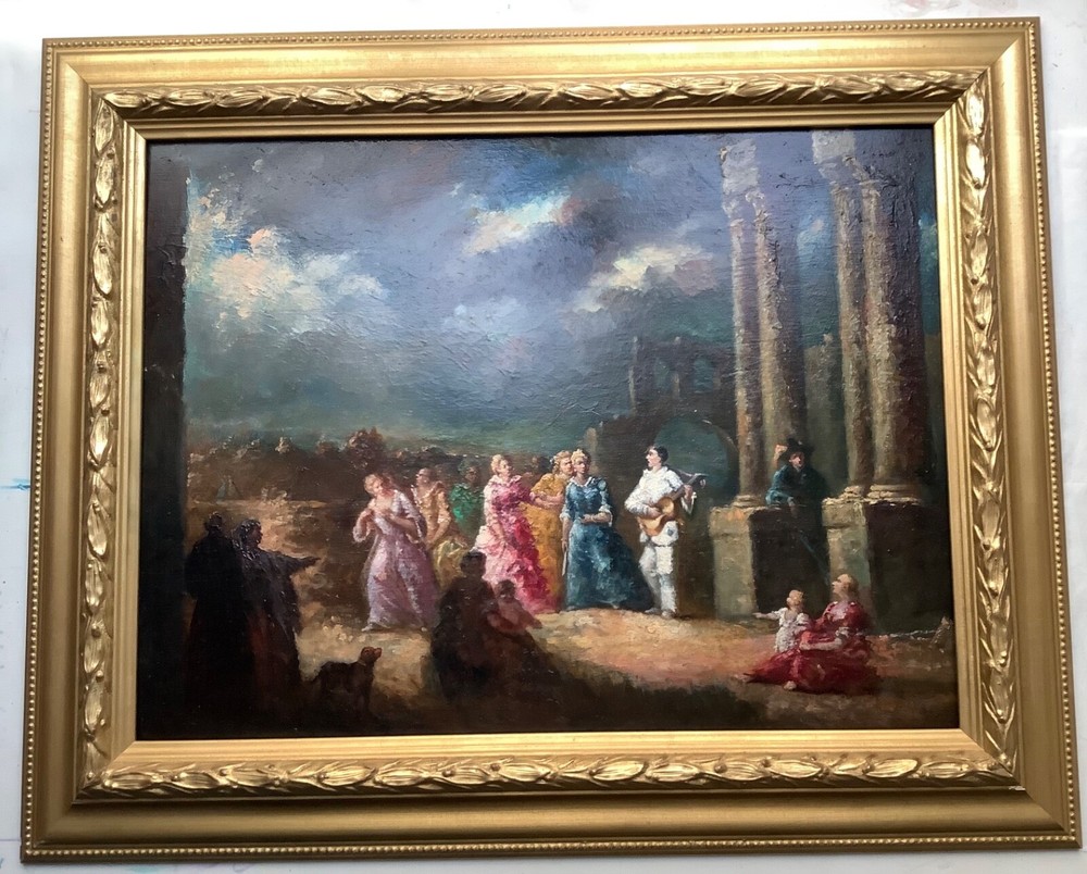19th Century – French Oil Painting – People in Ruins Comedia Del Arte Pierrot