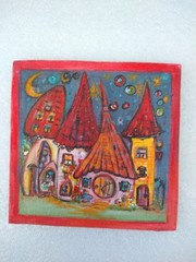 Whimsical Folk Art Painting Fantasy Little Homes 6″/6″ Acrylic Paint Original