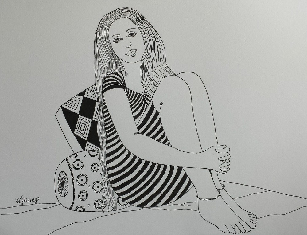 Original Pensive Woman Illustration Ink on Paper