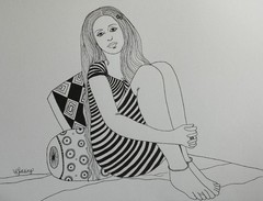 Original Pensive Woman Illustration Ink on Paper