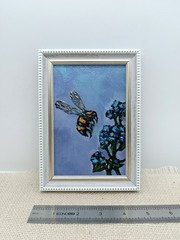 Bumblebee Original Oil Painting 4×6 Framed Signed Bee Blue Flower Impasto Art