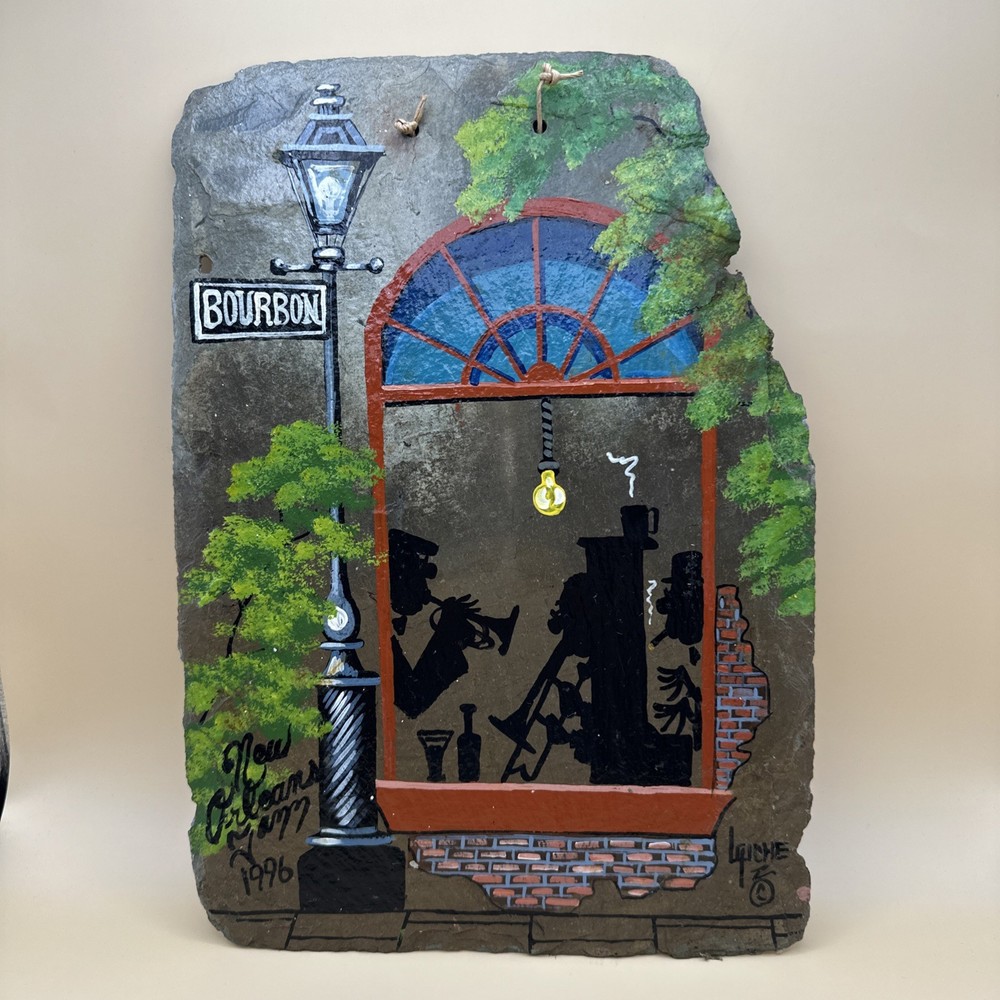 Vintage Laiche Hand Painted Slate New Orleans Jazz Art Bourbon Street 1996