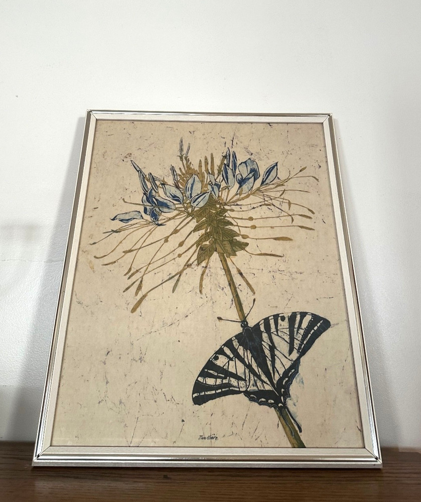 21 x 17 John Soulliere Painting On Silk Butterfly and Wildflower 1970’s