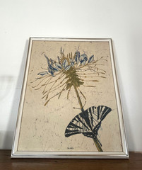 21 x 17 John Soulliere Painting On Silk Butterfly and Wildflower 1970’s