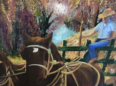 vintage Oil Painting on Canvas Farmer Horses American Folk Art