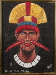 3 Brazilian Folk Art: Burlap Indigenous Portraits (2) & Mendes Pyrography(1)