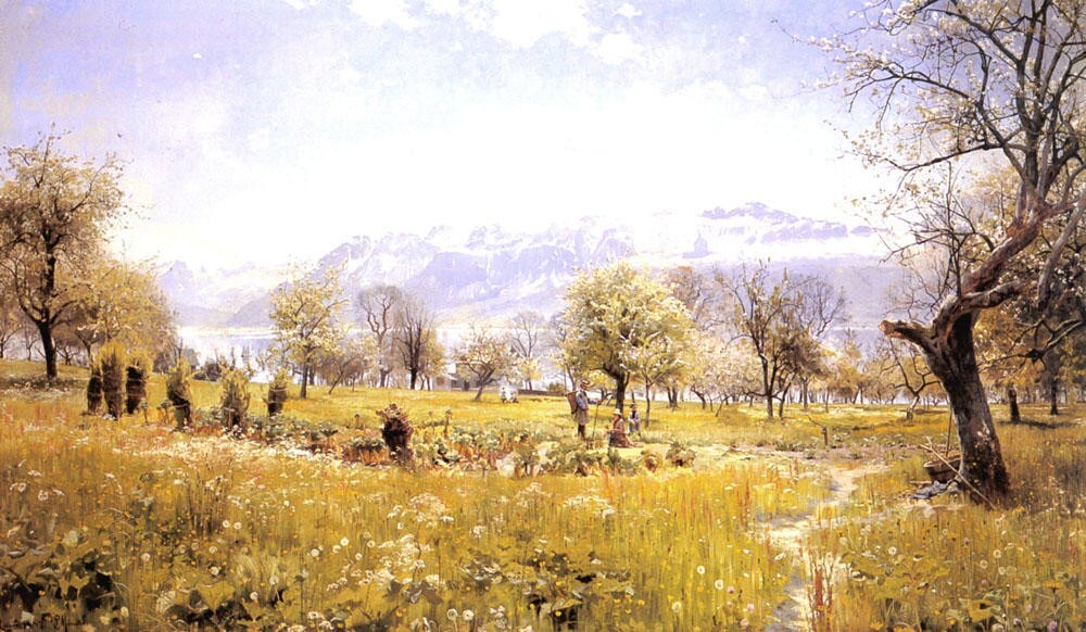 Nice Oil painting Peder-Mork-Monsted-By-The-Lake landscape with farmers handmade