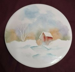 Hand-Painted Porcelain Artist J.E Helm 6″ Round Winter Landscape Water Mill Snow