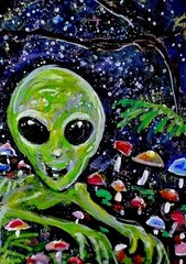 Original ACEO Painting ALIEN Mushrooms Stars ET Martian Universe UFO ATC ART