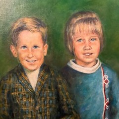 Antique Framed Original Portrait Oil on Board „Belgian Siblings“, By Schumacher
