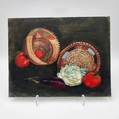 Vtg Southwest Still Life Oil Painting Indian Baskets Vegetables Framed Folk Art