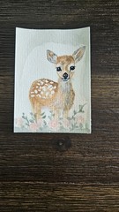 ACEO Deer Fawn In Flowers Original Watercolor Art Nature Painting Mini Signed