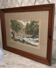 Vintage Original Landscape River Creek Watercolor Framed Matted Signed 23”X19”