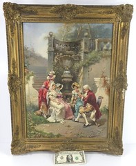Antique Signed FRANCESCO PELUSO French Oil Painting on Canvas Garden Flirtation