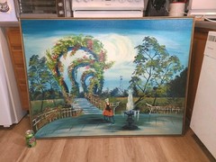 Carlo Of Hollywood Original Oil Painting HUGE 49×38″ Woman At Fountain *SIGNED*