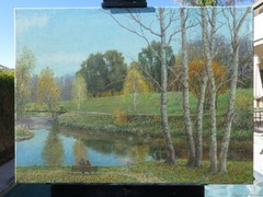 LANDSCAPE RIVER REALISM OIL CANVAS ORIGINAL PAINTING SOVIET RUSSIAN ART SIGNED