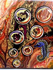 8 x 10″ Seascape Acrylic Painting Seahorse and Bubbles Paint Pouring OOAK