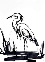 Original Hand Painted 9×12 Minimalist Heron Signed Acrylic Paper Wall Decor