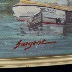 Vtg Oil on Board Painting Boats in the Harbor Signed Sargent? Framed 12″ x 14″ *