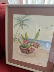 Original Signed Watercolor Painting Tropical Beach Palm Tree Coastal Art Framed