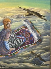 RARE Marjett Schille Original Acrylic Painting Fantasy Arab Sultan Flying Carpet
