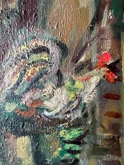 c. MARC CHAGALL – RUSSIAN LARGE OIL ON CANVAS SIGNED – LANDSCAPE FIGURES CHICKEN