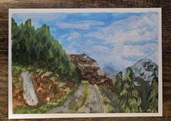 Aceo Atc Original Acrylic Mountain Landscape with Waterfall And Road
