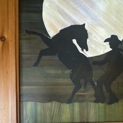 Framed Western Americana Painting Set Cowboy Horse Moon Silhouettes