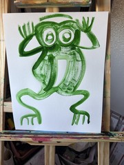 Original Acrylic Painting Aztec Green Frog Expressionist 11×14 Paper Signed