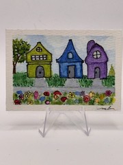 ACEO Original Americana Folk Art Houses Neighborhood by Mary Barton KBug.A