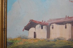 VINTAGE 1940-50’S FRAMED ORIGINAL OIL RUSTIC HOUSE AND RIVER SCENE ARTIST: FARID