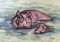 ORIGINAL Hippo Mom & Baby watercolor painting in rustic-style gold frame 7”x 9”