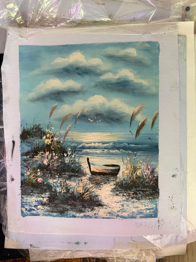 Vintage Surrealist Landscape Dreamscape Floating Elements Oil Painting Art