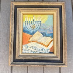 Vintage 1969 Signed Oil Painting Judaica Menorah Torah Tallit Framed Art Signed