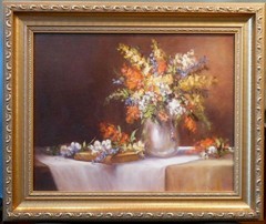 Flowers, Old Silver 11×14 Framed Original Oil Painting, Celene Farris, Maine