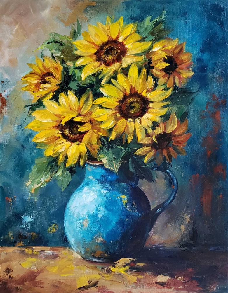 Original Oil Painting Sunflowers Floral Still Life 14×18 Canvas Signed Wall Art