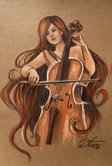 Original Pastel Painting „Cellist with Flowing Hair“ by Dorothy Laz — 8×11 — Mus