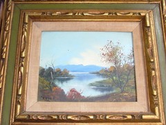 REYES North Or South America Midcentury Painting Lake With Hills Or Mountains