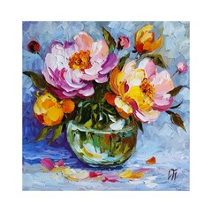 original oil painting Rose Peony Pink Flowers Vase Impasto Floral art 10*10 in