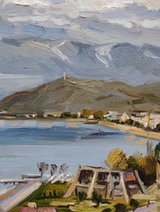 Original oil painting on panel „Pogradec from the hills to the…