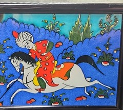 Turkish Art Tile Fighting On Horseback Blue Background Framed 4″ X 8″