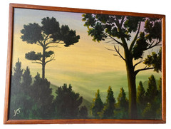 Mid Century Mystery Signed Modernism Oil Painting Mountain Landscape at Sunset
