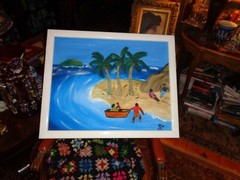 Mo H. artist; „Island Life with Visitors“ Acrylic on Linen Framed; outsider art.