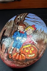 Vintage Halloween Vibes Handpainted Rock Art “Bogie Book 1902” Haunted Woods
