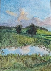 Pastel Clouds farm field Finger Lakes Summer mini watercolor ACEO landscape art