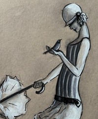 ‚Windy Day‘ Matted Nostalgic original watercolor/ ink Woman & Bird Illustration