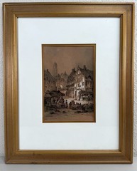 Antique Pastel Painting French Medieval City Gothic Cathedral Rouen Vichy SIGNED
