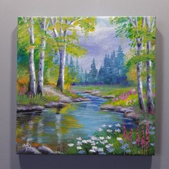 Summer Peace Landscape Acrylic Painting River Forest Nature Canvas Artwork 8×8